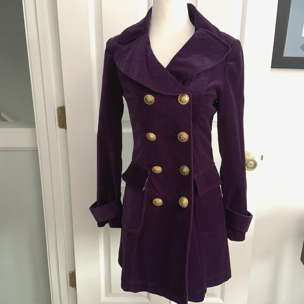 NWT Forever 21 Purple Velvet Military style long Jacket w Gold Buttons women S